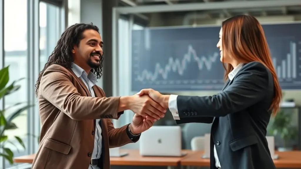 Brazilian small business owner shaking hands with a financial advisor in a modern office setting. Empresário brasileiro e consultor financeiro fechando acordo. Parceria e consultoria especializada.