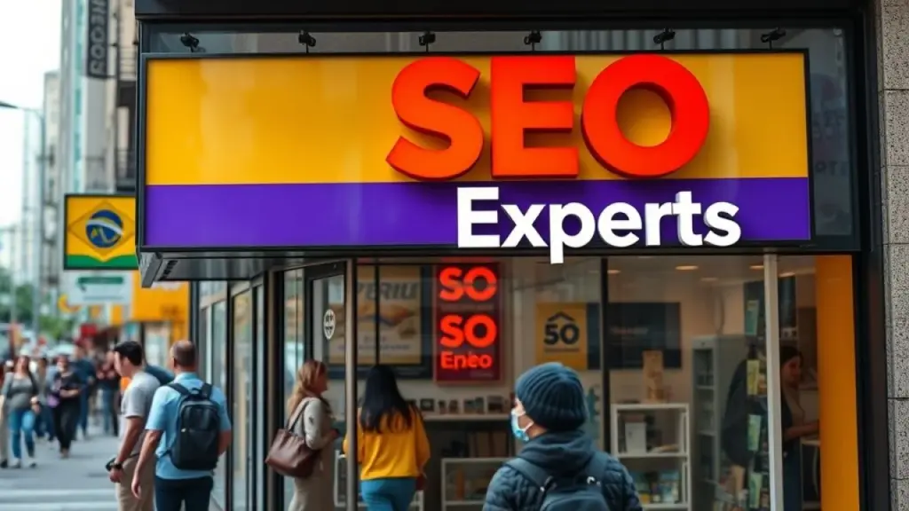 Brazilian storefront with vibrant colors & 'SEO Experts' sign, professional commercial photography, Fachada colorida de loja no Brasil com placa 'Especialistas SEO'