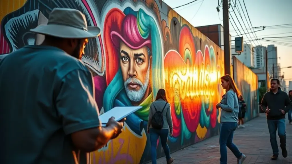 Brazilian street artist painting a vibrant mural on a wall, passersby looking on with interest, Artista de rua brasileiro pinta mural. Marketing de guerrilha criativo.