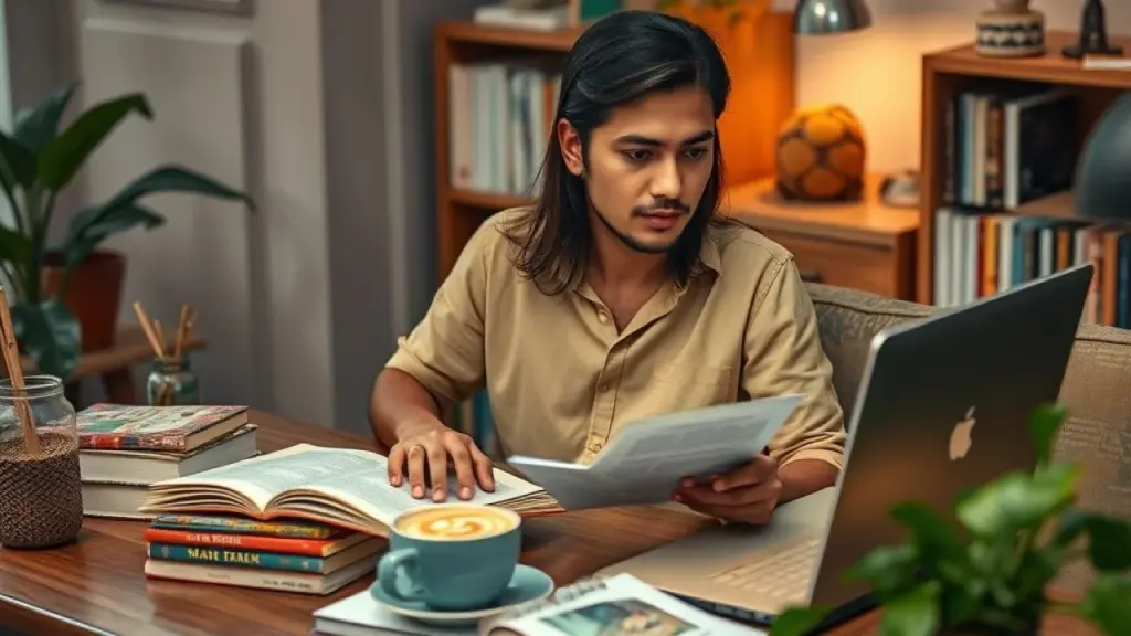 Brazilian student studying copywriting with books and online resources, surrounded by Brazilian Estudante brasileiro estudando copywriting com livros e recursos online.