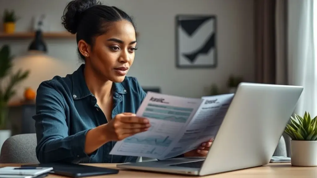 Brazilian woman carefully comparing accounting online service plans on laptop, natural soft MEI brasileira comparando planos de contabilidade online no laptop.