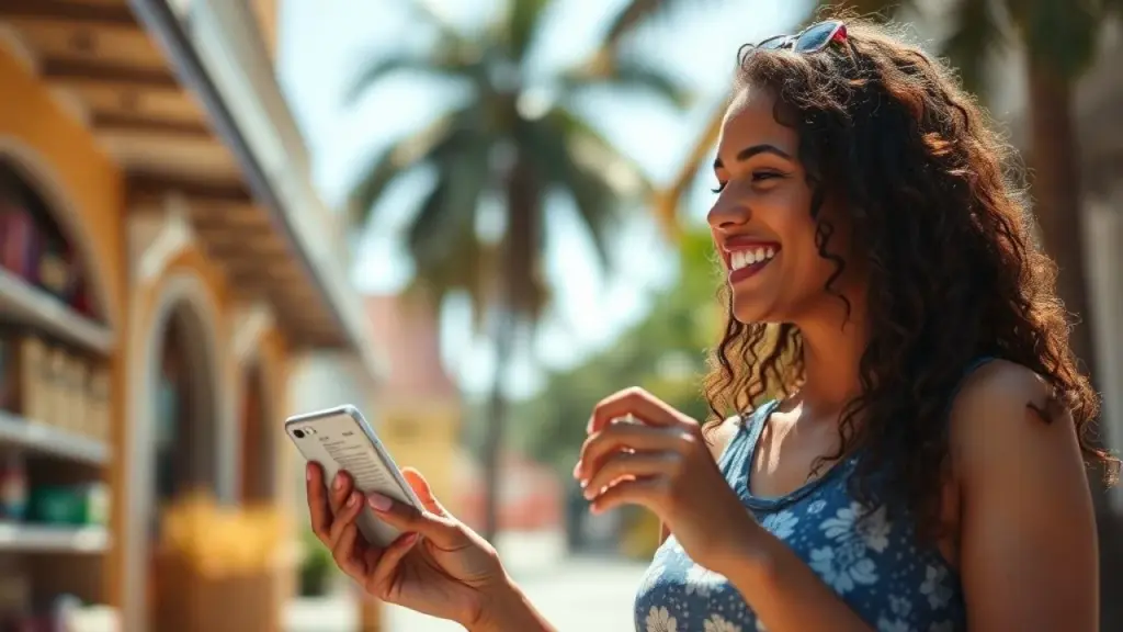 Brazilian woman happily using a product after purchase, bright sunny day, lifestyle photography, Brasileira satisfeita usando produto após compra. Retenção de clientes.
