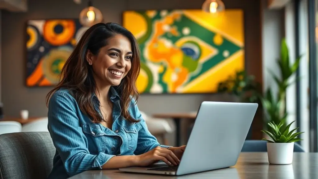 Brazilian woman smiling confidently while analyzing marketing data on a laptop in a modern Profissional de marketing analisando dados no Brasil. Sucesso com aprendizado!