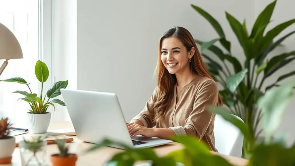 Bright and airy home office setup in Brazil, featuring a young professional woman smiling while Mulher sorrindo usando laptop em home office organizado, representando software de contabilidade para pequenas empresas.