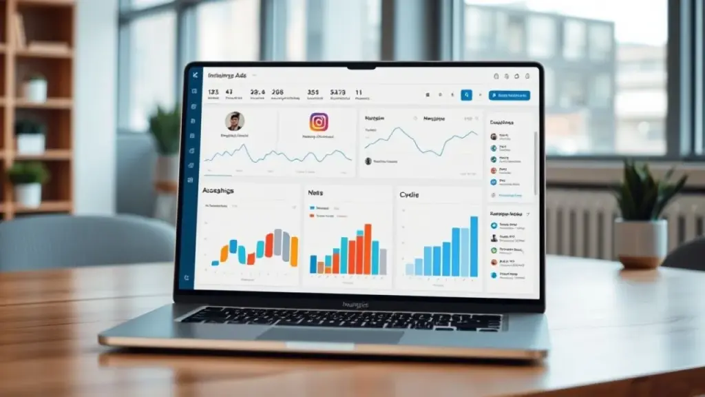 Business dashboard with Instagram Ads analytics displayed on a laptop screen, professional office Dashboard com métricas de anúncios do Instagram em português.