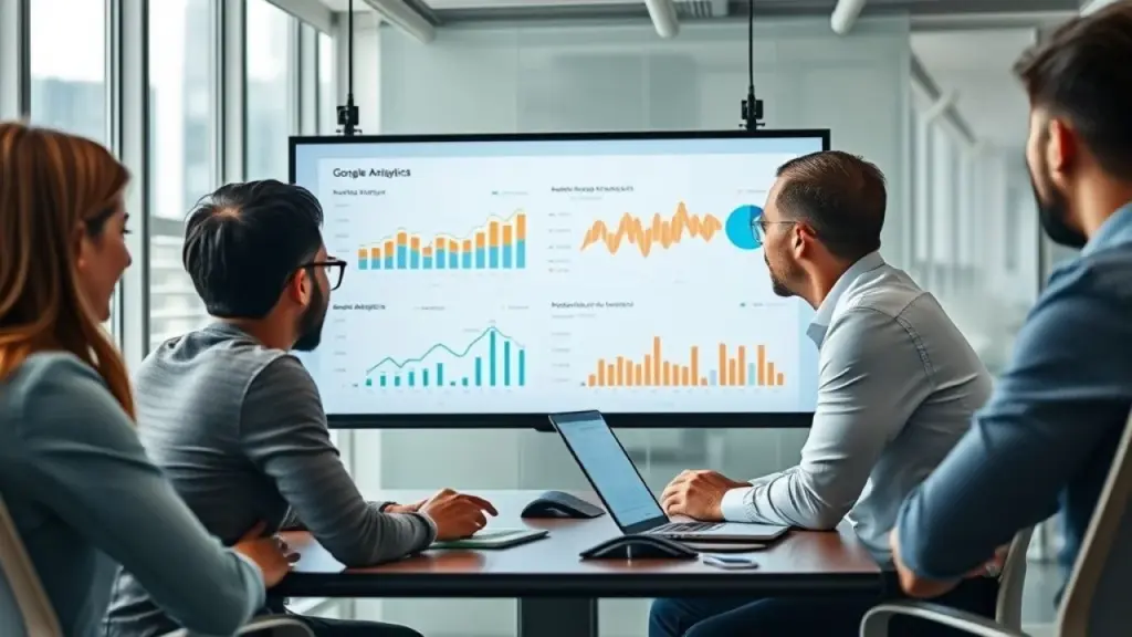 Business team analyzing Google Analytics data on a large screen, collaborative meeting in modern Equipe analisando dados do Google Analytics em reunião.