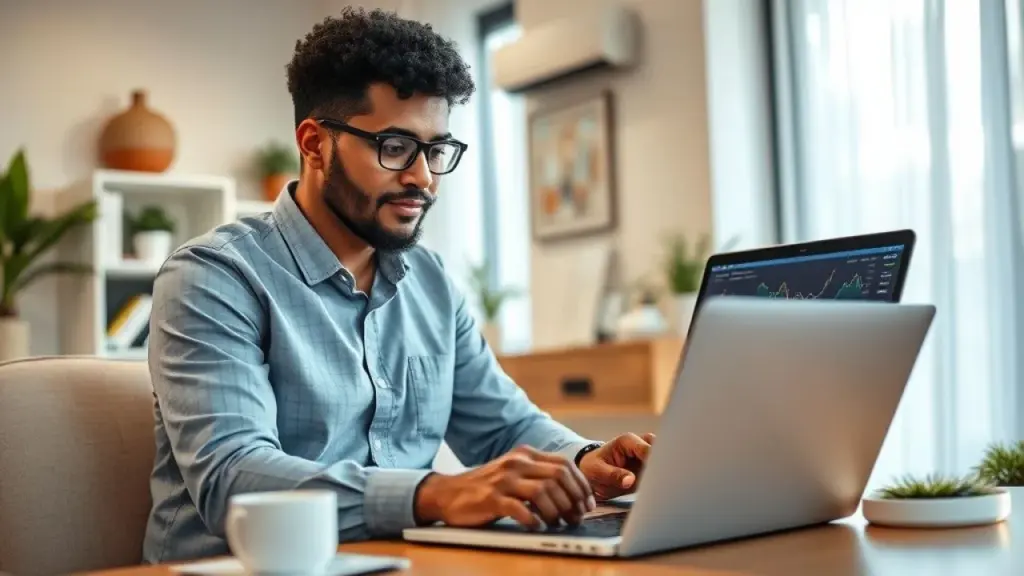 Busy Brazilian entrepreneur at home office, reviewing finances on laptop, warm natural lighting, MEI brasileiro gerenciando finanças em casa com contabilidade online.