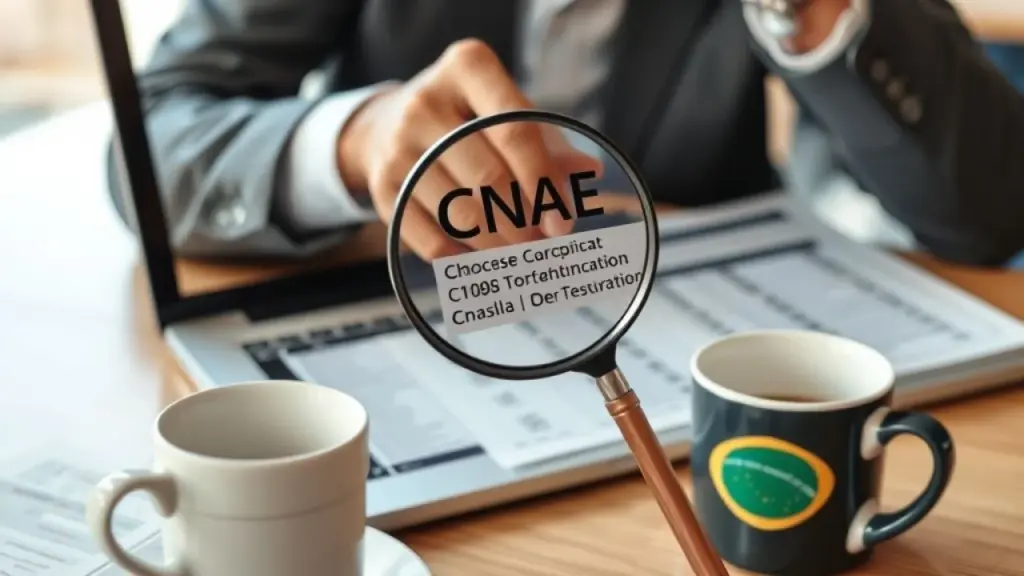 Close-up of a Brazilian business owner consulting the CNAE table on a laptop, with a magnifying Empresário brasileiro consultando tabela CNAE para sua atividade