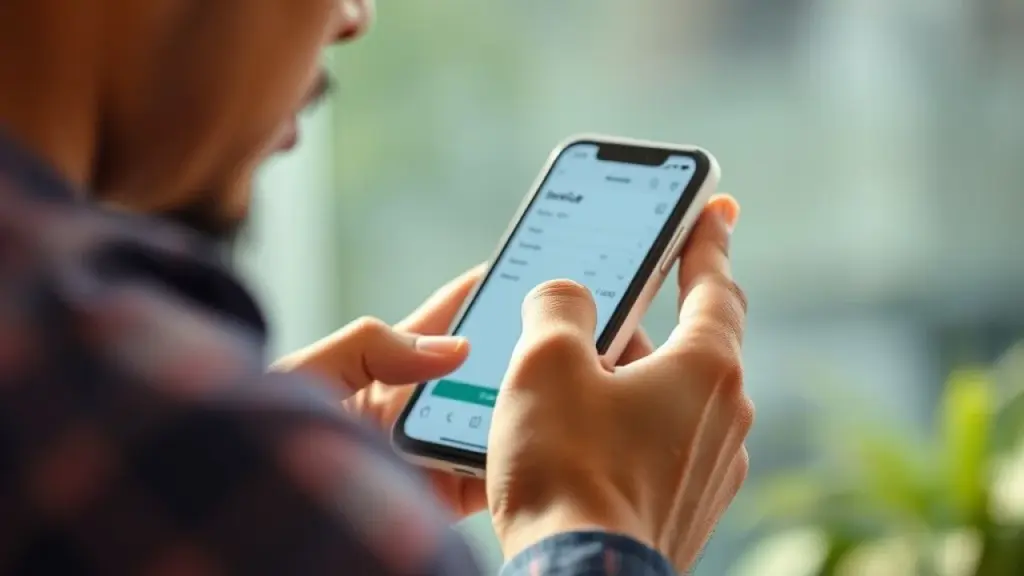Close-up of a Brazilian MEI using a smartphone to issue an electronic invoice, professional MEI brasileiro emitindo nota fiscal eletrônica pelo celular. Simples, rápido e digital.