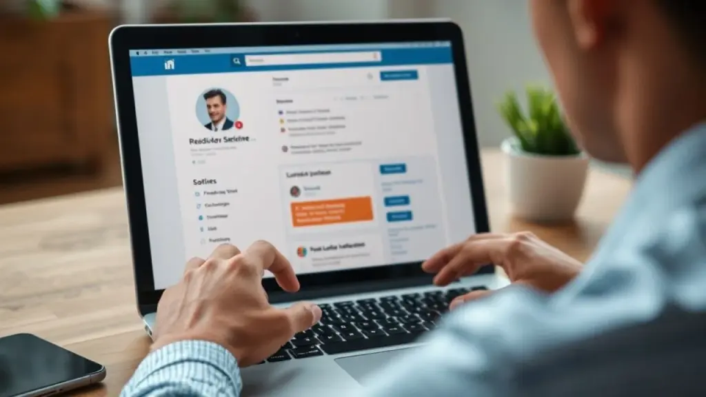 Close-up of a Brazilian professional updating their LinkedIn profile on a laptop. Focus on the Profissional atualizando perfil LinkedIn no laptop no Brasil