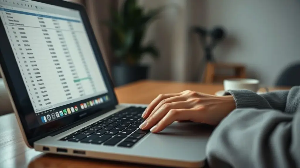 Close-up of a Brazilian woman's hands meticulously entering financial data into a spreadsheet on a Mulher brasileira inserindo dados financeiros em planilha. Controle financeiro e atenção aos detalhes.