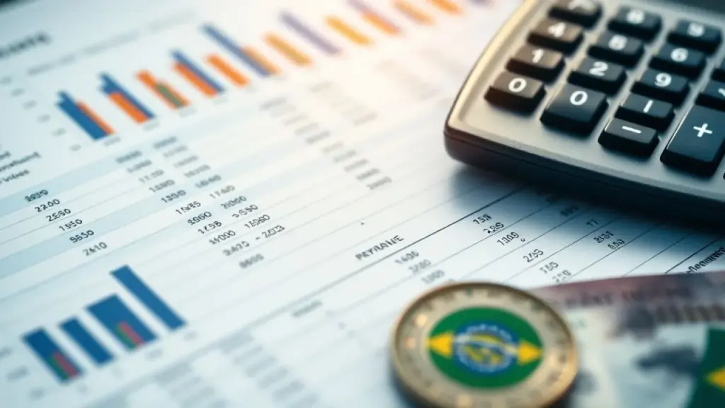 Close-up of a financial spreadsheet with highlighted key performance indicators (KPIs) and a Planilha financeira com KPIs destacados e calculadora, representando gestão contábil.