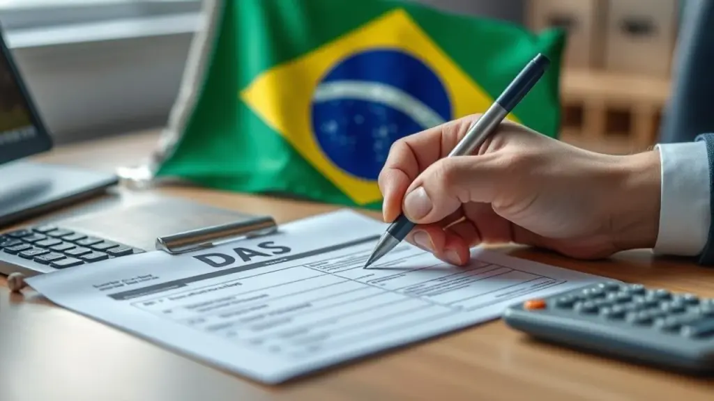 Close-up of a hand filling out a DAS form at a desk with a Brazilian flag and a calculator, Mão preenchendo formulário DAS com bandeira do Brasil e calculadora na mesa.