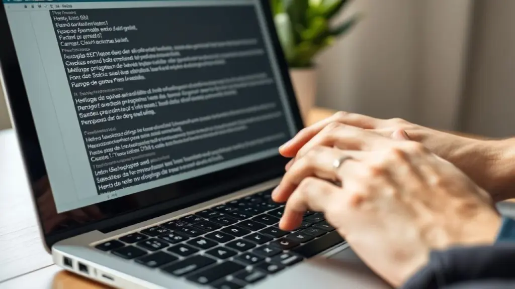 Close-up of a hand typing on a laptop, focusing on the SEO keywords highlighted in a blog post Mão digitando post de blog otimizado para SEO com palavras-chave destacadas