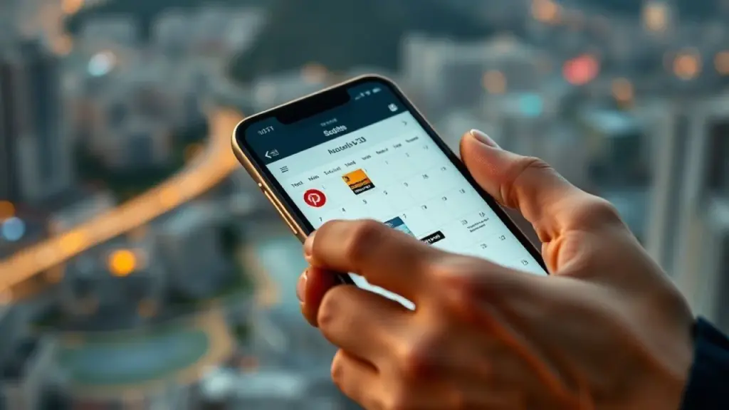 Close-up of a hand using a digital calendar app on a smartphone, scheduling social media posts. Mão agendando posts em aplicativo de calendário no celular, fundo com paisagem urbana brasileira.