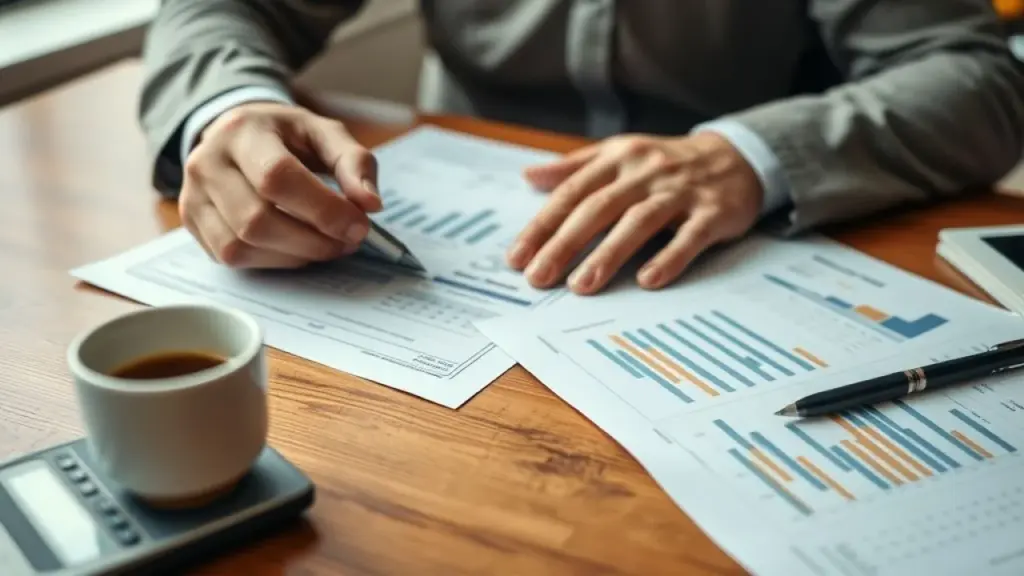 Close-up of a small business owner's hands reviewing financial documents at a wooden desk, Empresário analisando finanças da pequena empresa com calculadora e documentos.