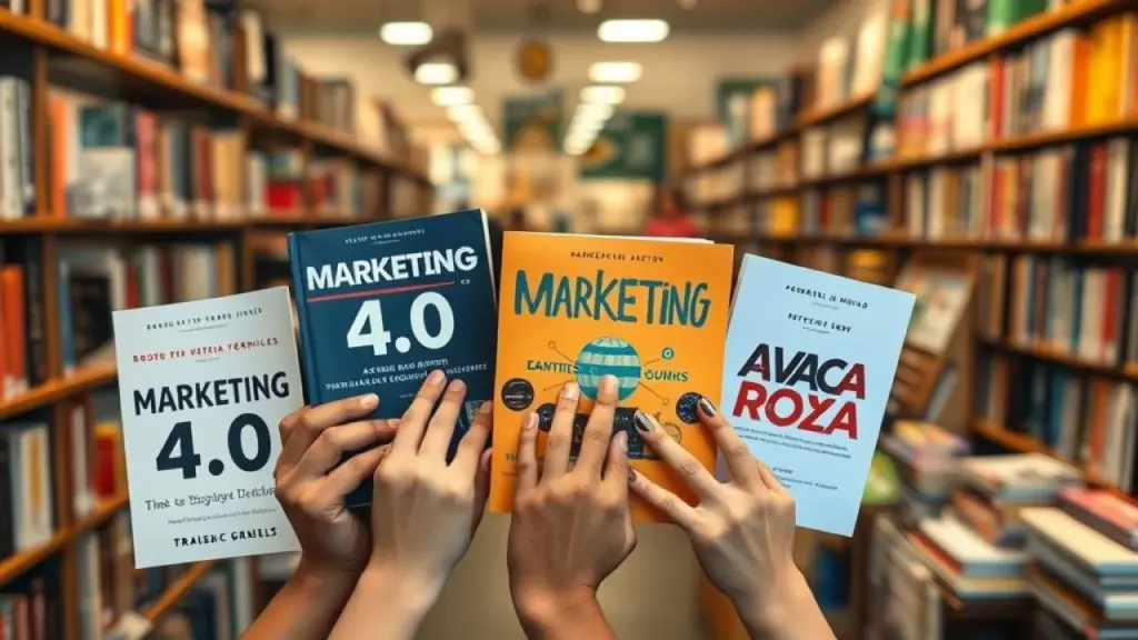 Close-up of diverse hands holding various marketing books (Marketing 4.0, A Vaca Roxa, etc.) Mãos segurando livros de marketing em livraria brasileira. Invista em conhecimento!