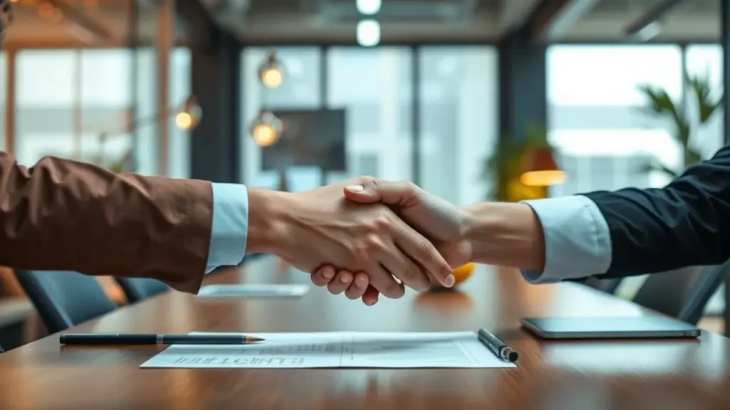 Close-up of diverse hands shaking across a table in a modern Brazilian office, representing a Aperto de mãos selando parceria entre empresário e escritório de contabilidade no Brasil. Confiança e colaboração.