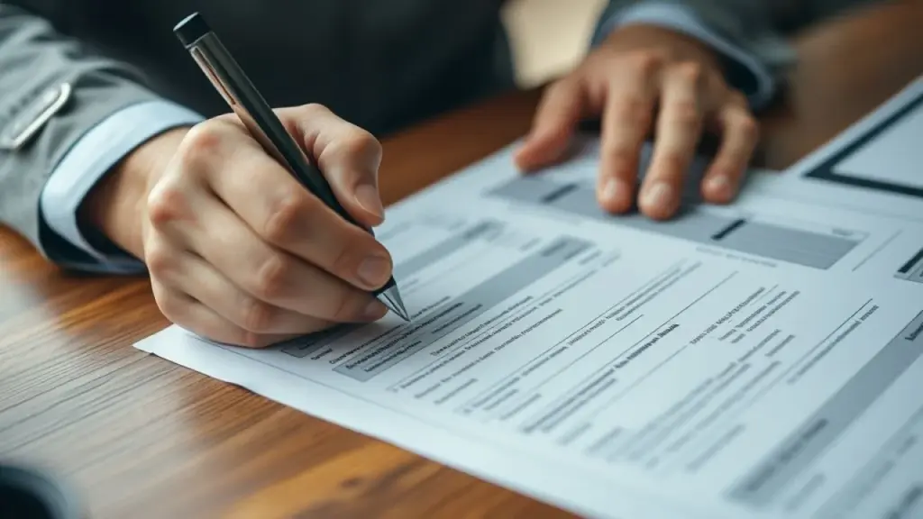 Close-up of hands filling out a Brazilian business form (recibo de pró-labore) on a wooden desk. Mãos preenchendo recibo de pró-labore em mesa de madeira, representando formalização financeira.