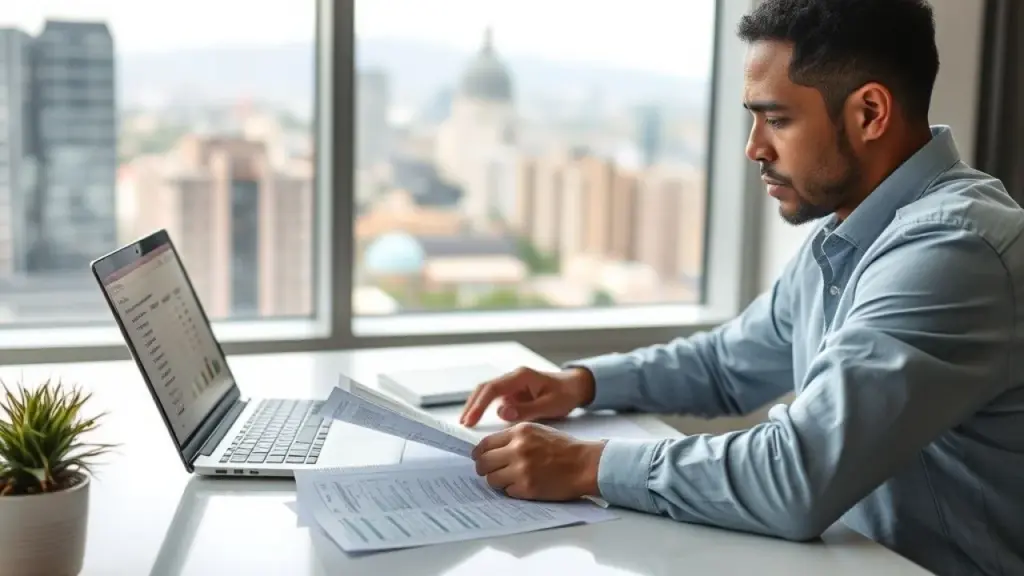 Close-up professional photography of a diverse Brazilian business owner meticulously reviewing Microempreendedor brasileiro analisando finanças em seu escritório.