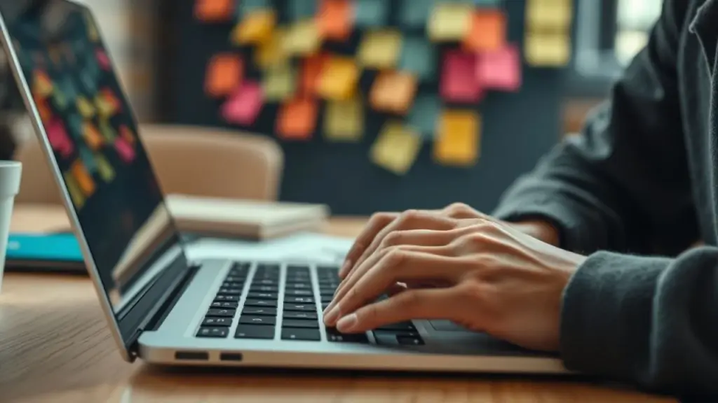Close-up shot of a Brazilian copywriter's hands typing on a laptop, with a blurred background Mãos de copywriter brasileiro digitando em laptop durante brainstorming.