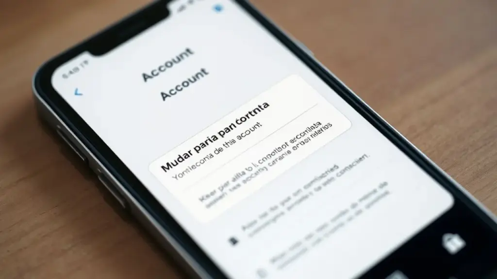 Close-up shot of a smartphone displaying the TikTok account setup screen with the 'Mudar para conta Tela de celular mostrando como mudar para conta comercial no TikTok