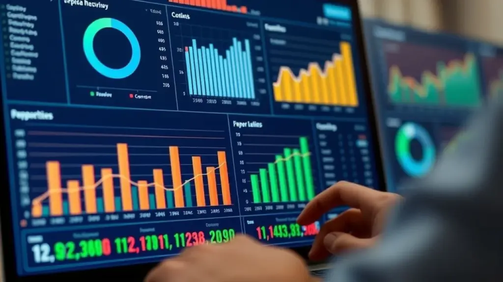 Close-up shot of a user interface of accounting software displaying financial reports and charts, Interface de software de contabilidade mostrando gráficos e relatórios financeiros em português.