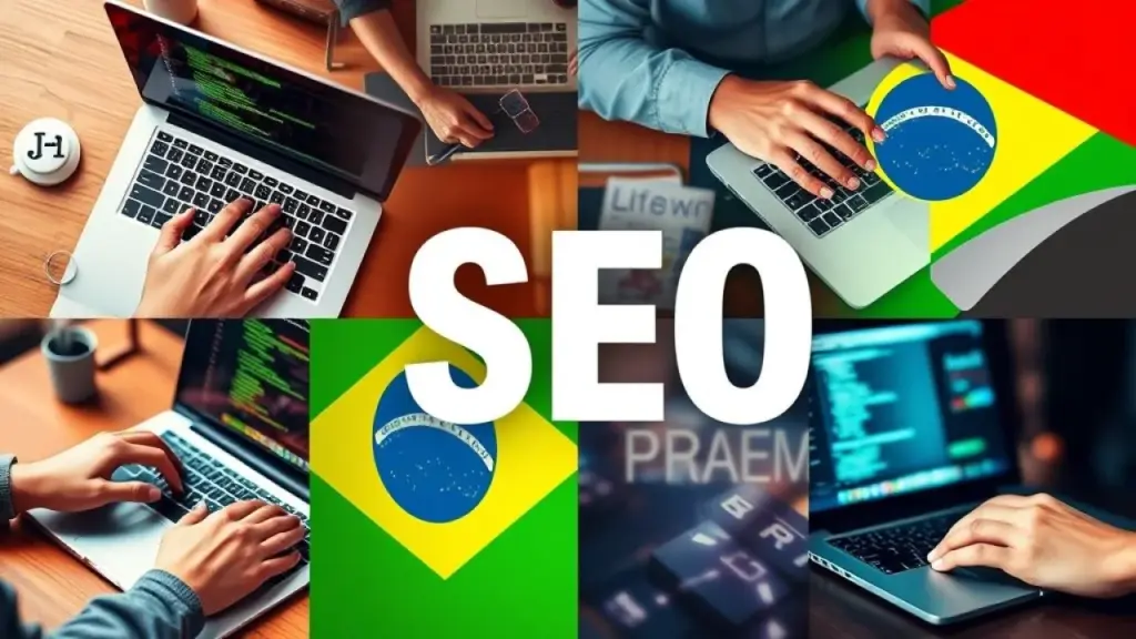 Collage of Brazilian hands typing on laptops, building links, writing content, and optimizing Mãos brasileiras otimizando sites, construindo links e criando conteúdo.