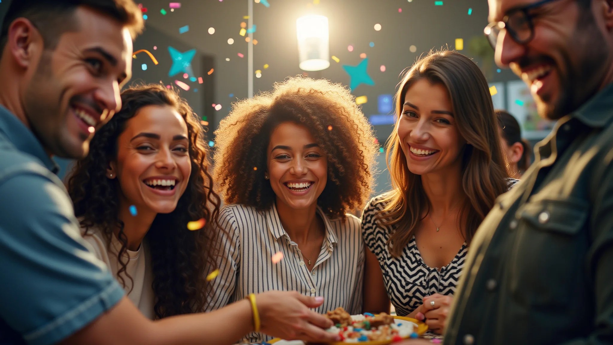 Grupo diverso celebrando sucesso de marketing com confete, decoração brasileira.