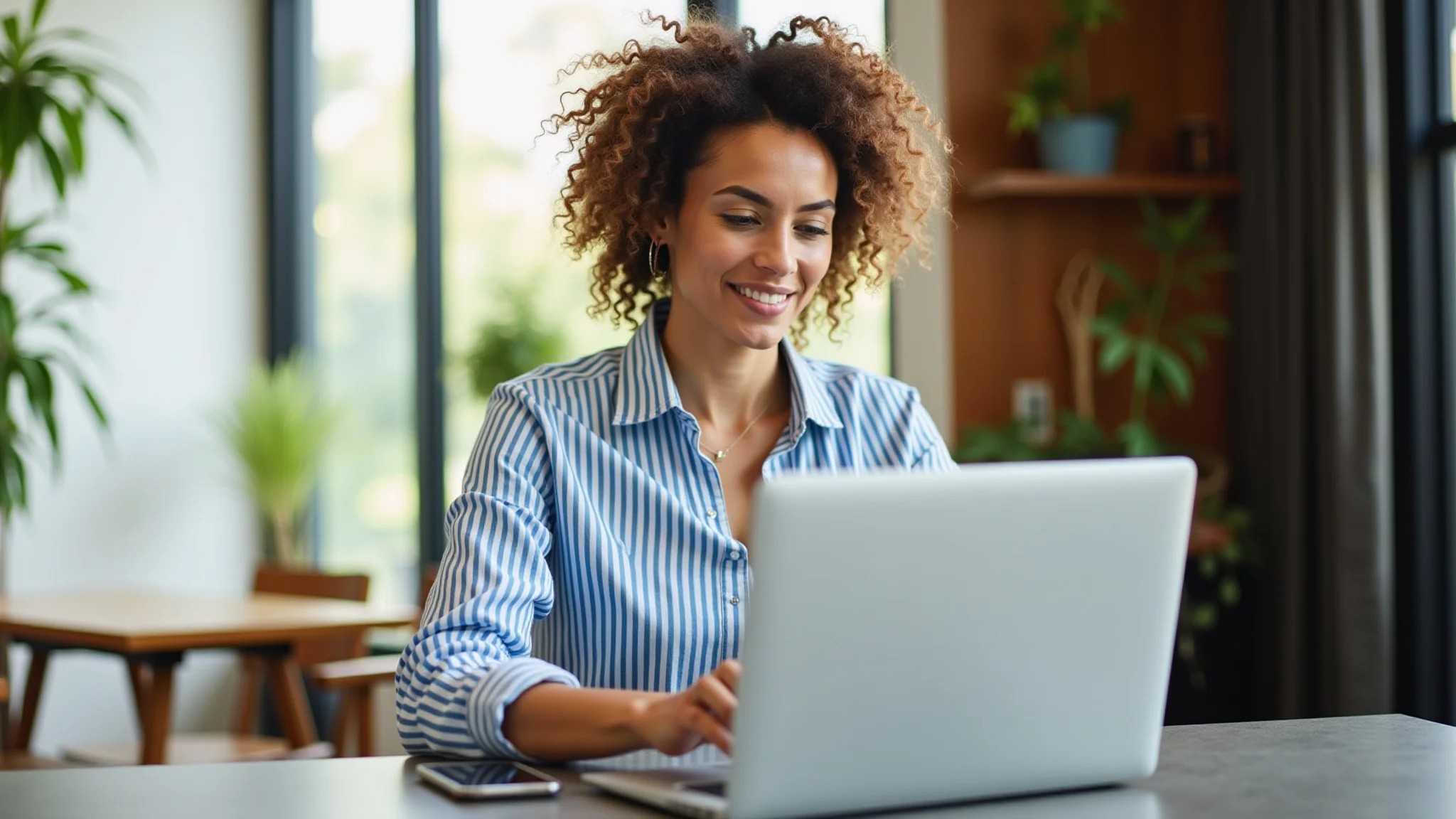 Mulher analisando dados de marketing no laptop, iluminação brilhante, decoração estilo brasileiro.