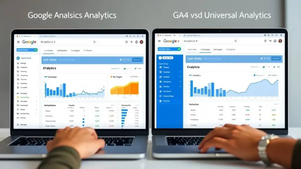 Comparison of Google Analytics 4 (GA4) and Universal Analytics interfaces side-by-side on a laptop Comparativo entre as interfaces do GA4 e Universal Analytics.