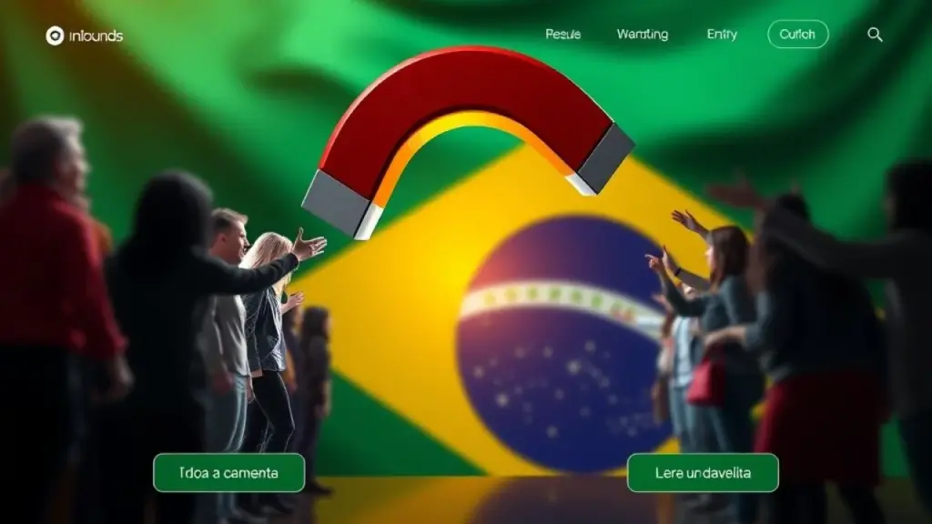 Concept image: Magnet attracting diverse customers towards a website landing page with engaging Ímã atraindo clientes para landing page com conteúdo relevante. Inbound Marketing.