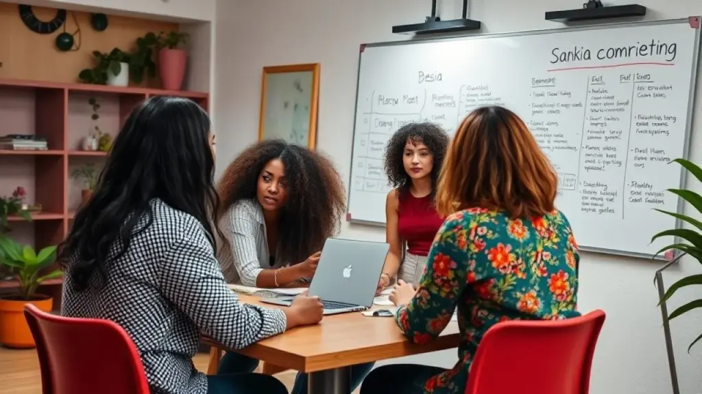 Creative brainstorming session in colorful Brazilian office. Diverse team collaborates on Equipe brasileira criando campanha de marketing de influência.