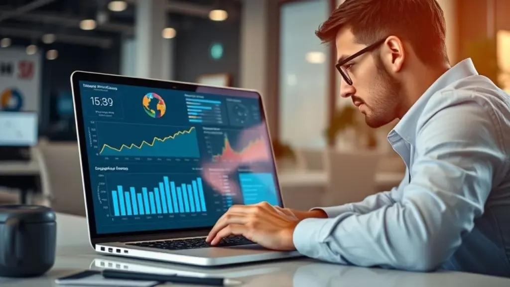 Data analyst reviewing marketing performance dashboard on laptop. Focus on engagement metrics, Analista brasileiro monitorando resultados de campanha de marketing.