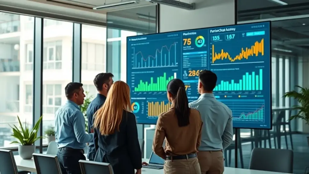 Data-driven marketing team analyzing CAC data on large screen in modern Brazilian office, diverse Equipe analisando dados CAC em escritório moderno no Brasil.