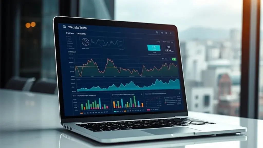 Data visualization of website traffic, showing user behavior flow, professional data presentation, Visualização de dados de tráfego do site com gráficos claros.