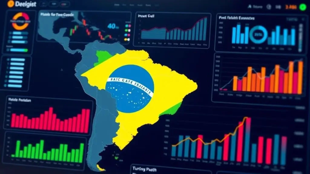 Digital composite image showcasing a dashboard displaying financial data (charts and graphs) Contabilidade digital para microempresas no Brasil.