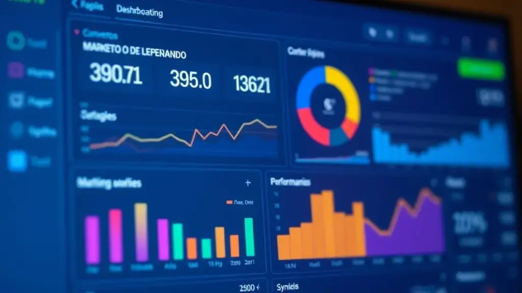 Digital marketing dashboard displaying key performance indicators (KPIs) and ROI metrics in Dashboard de marketing digital mostrando métricas de ROI em português.
