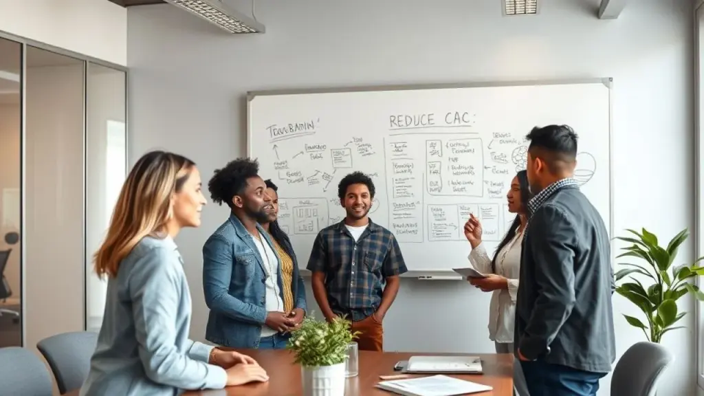 Diverse Brazilian team brainstorming strategies to reduce CAC in a modern office, whiteboard with Equipe brasileira criando estratégias para reduzir o CAC.