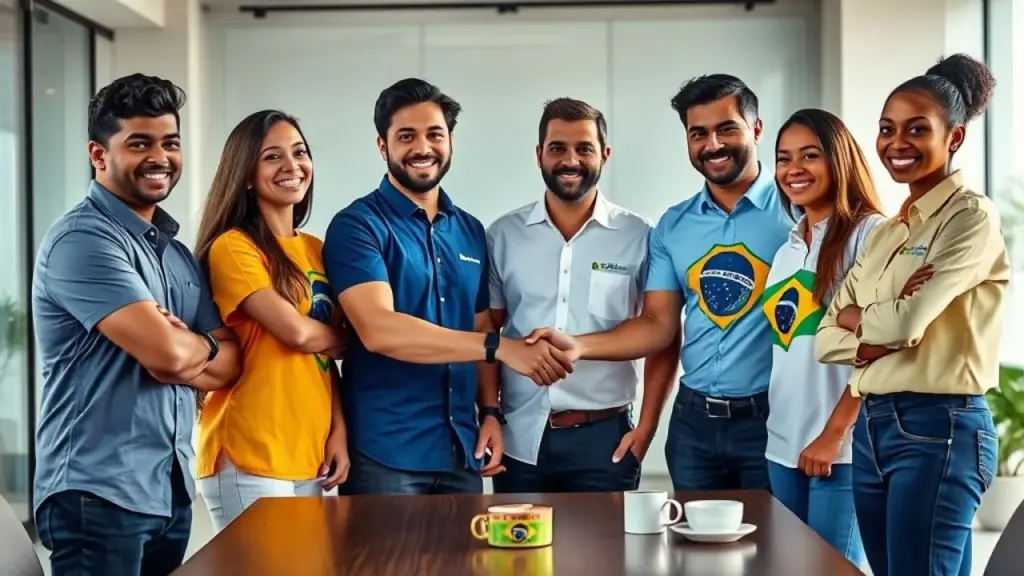 Diverse Brazilian team members, half in 'Marketing' shirts, half in 'Sales' shirts, shaking hands, Equipes de Marketing e Vendas brasileiras integradas e colaborativas.