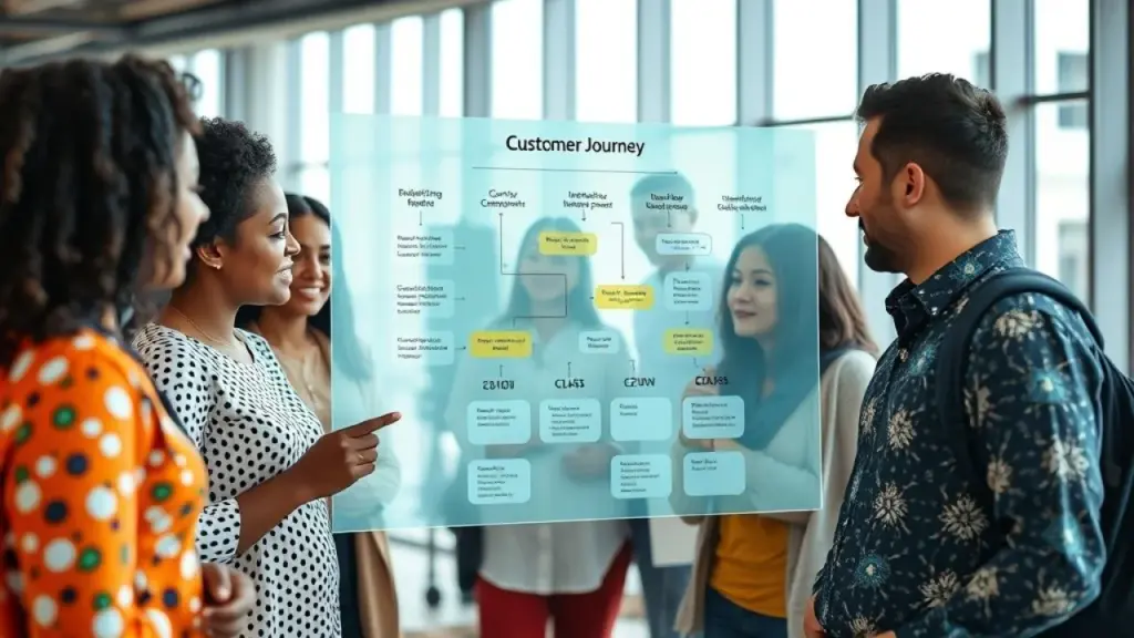 Diverse group of Brazilian consumers interacting with a touch screen showing a customer journey Consumidores brasileiros interagindo com mapa da jornada do cliente em tela touch.
