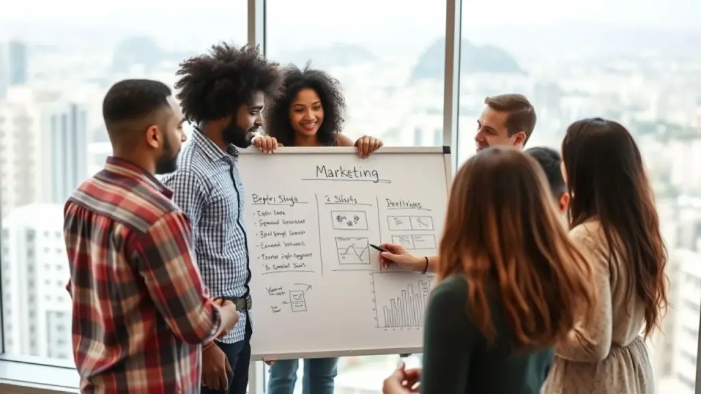 Diverse group of Brazilian entrepreneurs brainstorming marketing strategies using a whiteboard in a Empreendedores brasileiros criando estratégias de marketing. Inovação e sucesso!