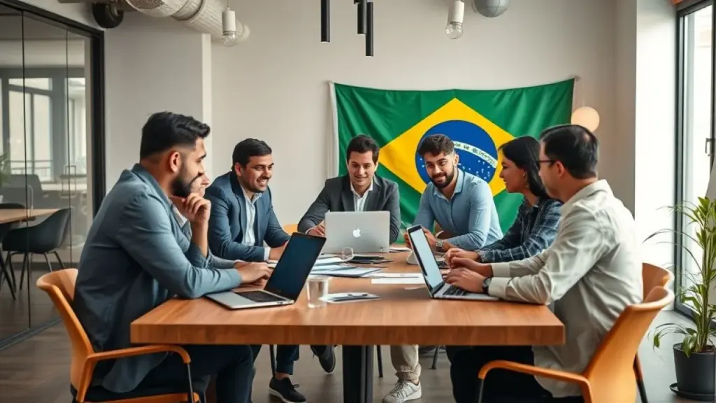 Diverse group of Brazilian entrepreneurs meeting around a table with laptops and documents, Grupo diverso de empreendedores brasileiros reunidos em coworking. Laptops, estratégia e nota fiscal.