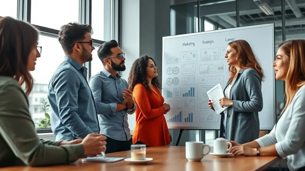 Diverse group of Brazilian professionals brainstorming marketing strategies on a whiteboard with Equipe brasileira diversa planejando estratégias de marketing digital