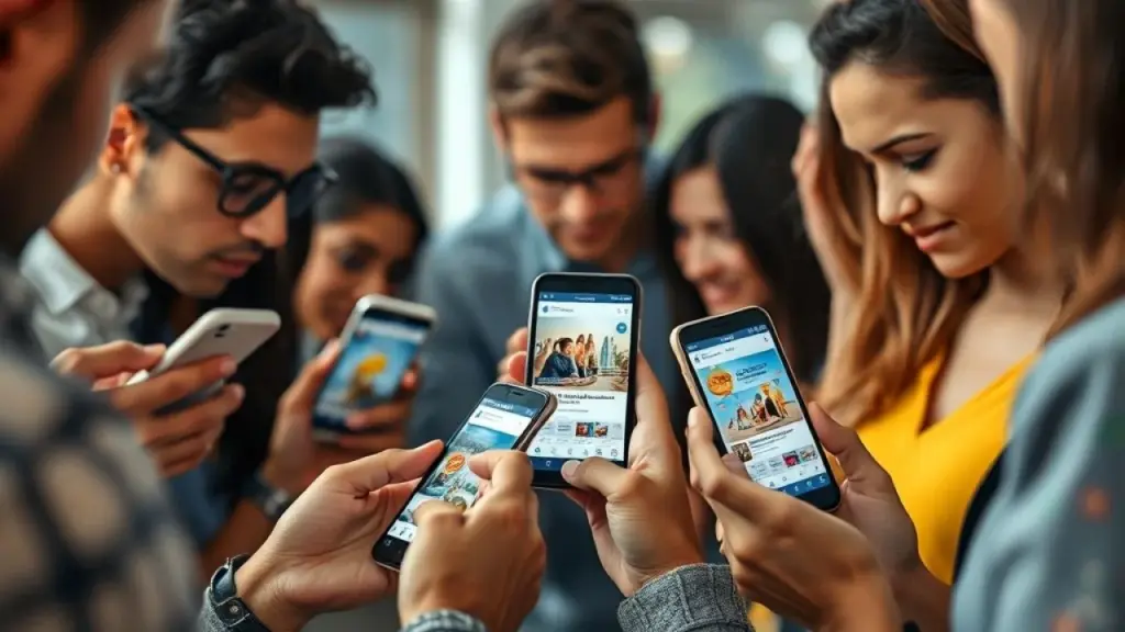 Diverse group of Brazilian users interacting with Facebook ads on smartphones, various ad formats Usuários brasileiros interagindo com anúncios de remarketing no Facebook.