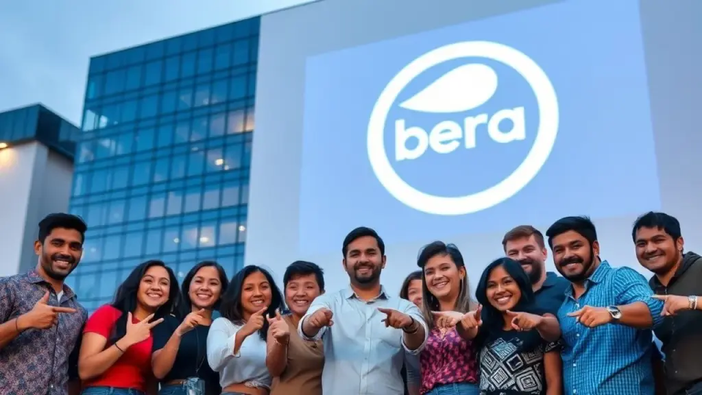 Diverse group of Brazilians smiling and pointing at a brand logo projected onto a modern building Brasileiros sorrindo ao ver logo da marca projetado em prédio