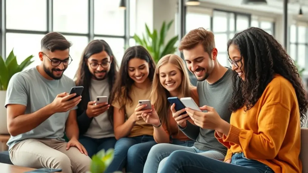 Diverse group of young Brazilians using smartphones in a modern co-working space, professional Jovens brasileiros diversos usando smartphones em um espaço de coworking.
