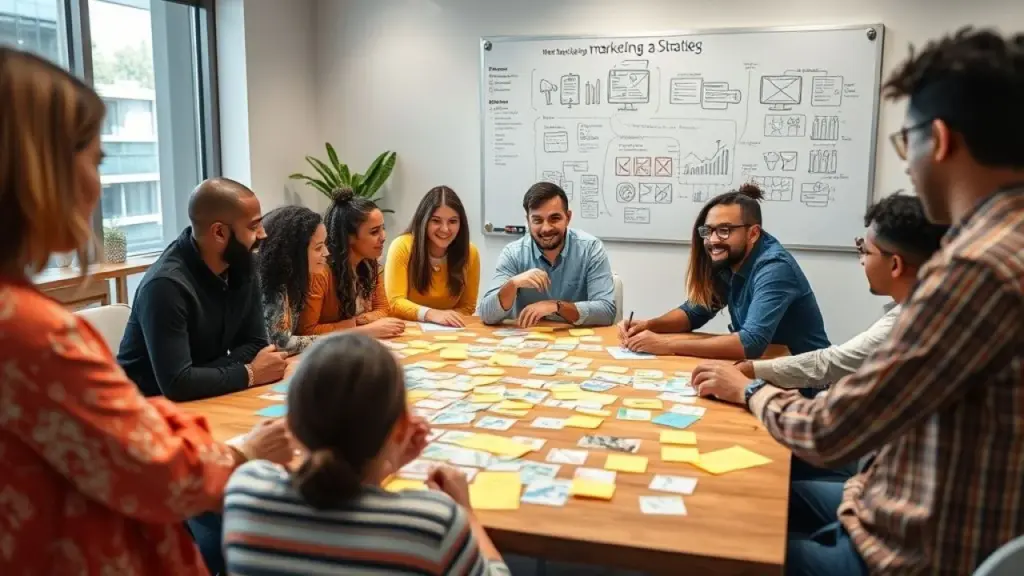 Diverse team brainstorming around a table covered in sticky notes, whiteboard with marketing Equipe diversa brainstorming em escritório moderno no Brasil.