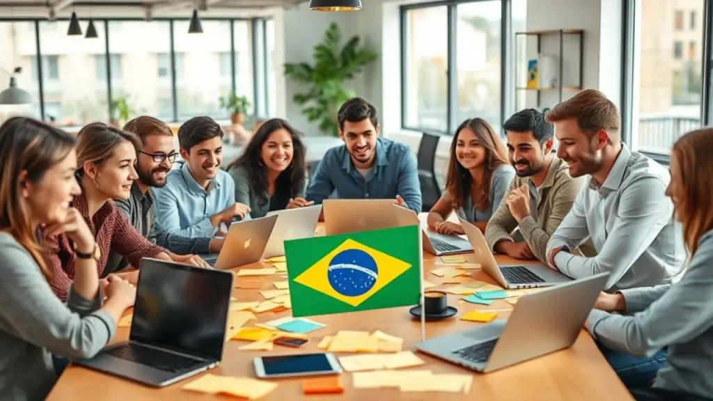 Diverse team of young Brazilian entrepreneurs brainstorming ideas around a table covered in sticky Equipe Brasileira Fazendo Brainstorming de Growth Hacking