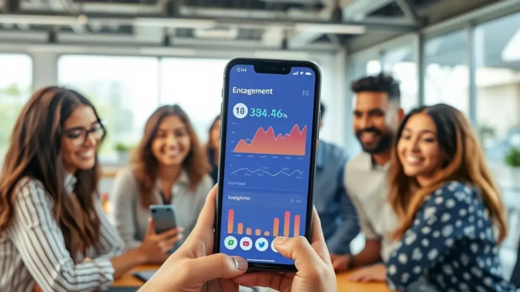 Dynamic shot of diverse group interacting around a smartphone displaying social media analytics Análise de métricas em social media com equipe diversa no Brasil.